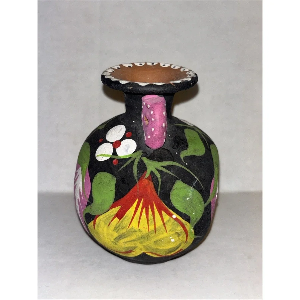 Vintage Terra Cotta Pottery Hand Painted Vase Jug Black Pink Green Small 4.5